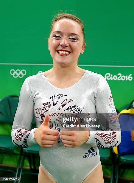 Amy Tinkler of Great Britain celebrates winning the bronze medali after competing on the Women's Floor final on Day 11 of the Rio 2016 Olympic Games...