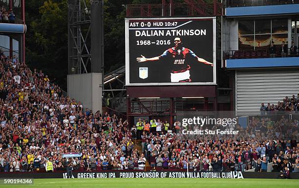 Tribute for Dalian Atkinson is seen on the screen inside the stadium during the Sky Bet Championship match between Aston Villa and Huddersfield Town...
