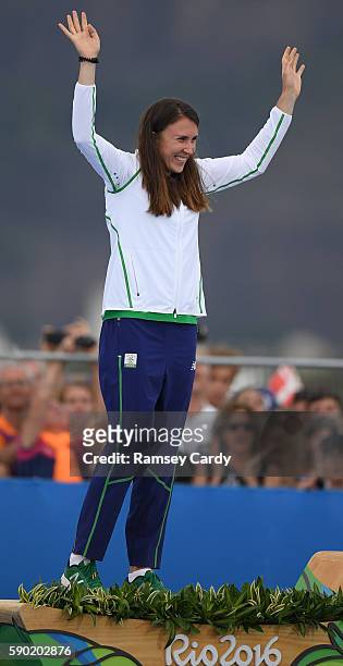 Rio , Brazil - 16 August 2016; Annalise Murphy of Ireland steps on to the podium to accept her silver medal after the Women's Laser Radial Medal race...