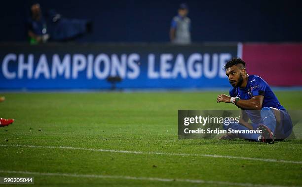 El Arabi Hilal Soudani of Dinamo Zagreb looks on during the UEFA Champions League Play-offs First leg match between Dinamo Zagreb and Salzburg at...