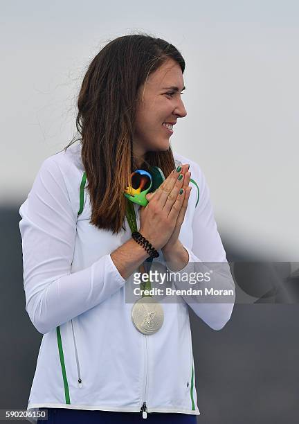 Rio , Brazil - 16 August 2016; Annalise Murphy of Ireland with her silver medal after the Women's Laser Radial Medal race on the Pão de Açúcar...