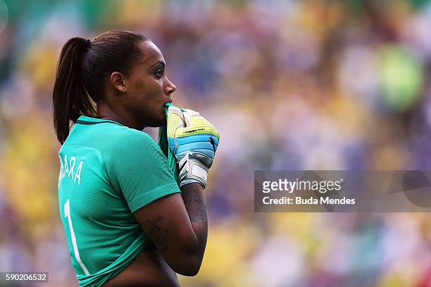 Barbara of Brazil looks dejected following the Women's Football Semi Final between Brazil and Sweden on Day 11 of the Rio 2016 Olympic Games at...