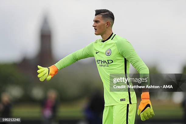 Arijanet Muric of Manchester City U18 during the U18 Premier League match between Manchester City and West Bromwich Albion at Etihad Campus on August...