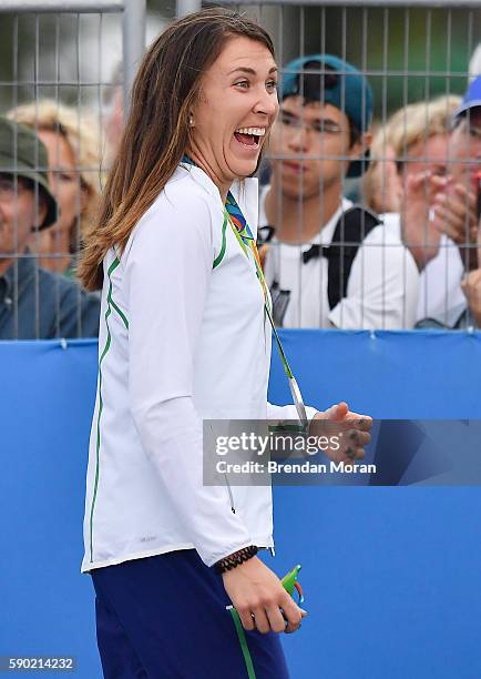 Rio , Brazil - 16 August 2016; Annalise Murphy of Ireland celebrates with her silver medal after the Women's Laser Radial Medal race on the Pão de...