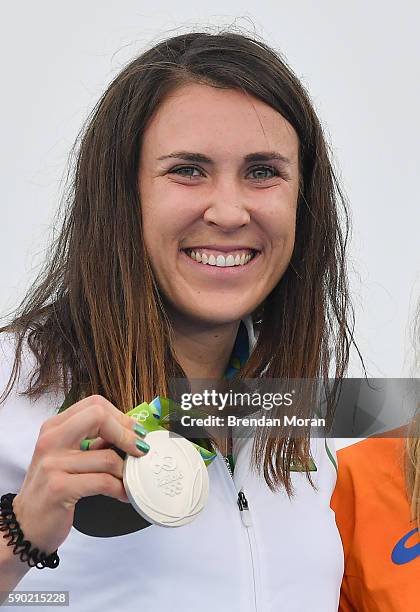 Rio , Brazil - 16 August 2016; Annalise Murphy of Ireland celebrates with her silver medal after the Women's Laser Radial Medal race on the Pão de...