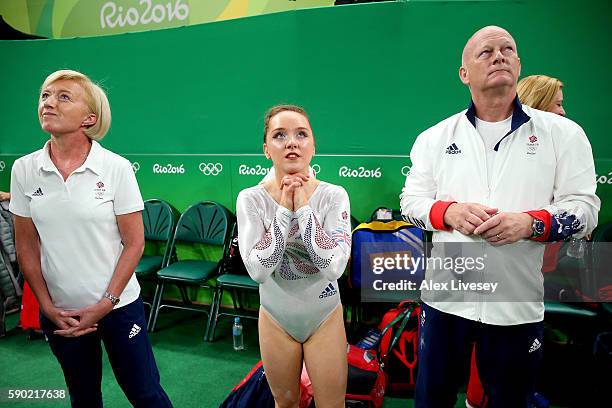 Amy Tinkler of Great Britain waits for the score of Vanessa Ferrari of Italy on the Women's Floor final on Day 11 of the Rio 2016 Olympic Games at...