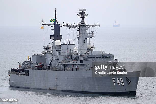 Brazilian Navy warship patrols off the waters near the Olympic beach volleyball stadium at Copacabana beach on Day 11 of the Rio 2016 Olympic Games...
