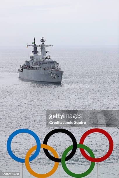Brazilian Navy warship patrols off the waters near the Olympic beach volleyball stadium at Copacabana beach on Day 11 of the Rio 2016 Olympic Games...