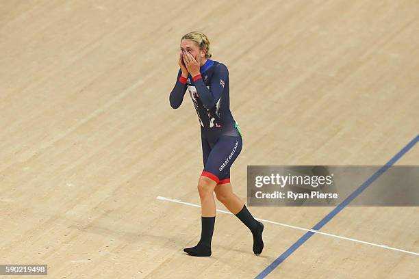 Laura Trott of Great Britain celebrates winning gold in the women's Omnium Points race on Day 11 of the Rio 2016 Olympic Games at the Rio Olympic...