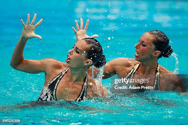 Ona Carbonell and Gemma Mengual of Spain compete in the Synchronised Swimming Duets Free Routine final on Day 11 of the Rio 2016 Olympic Games at the...