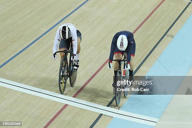 Rebecca James of Great Britain competes against Kristina Vogel of Germany during the Women's Sprint Finals gold medal race on Day 11 of the Rio 2016...