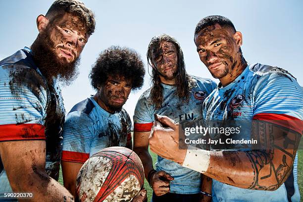 Part of the Men's Sevens U.S.A. Rugby team Folau Niua, Danny Berret, Martin Iosefo, Garrett Bender for Los Angeles Times on June 22, 2016 in Chula...