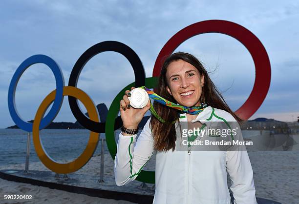 Rio , Brazil - 16 August 2016; Annalise Murphy of Ireland celebrates with her silver medal after the Women's Laser Radial Medal race on the Pão de...