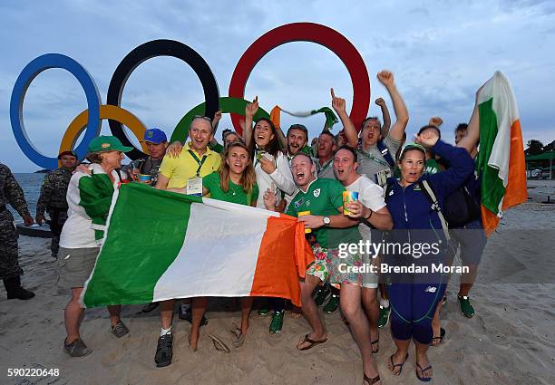 Rio , Brazil - 16 August 2016; Annalise Murphy of Ireland celebrates with family and friends after winning a silver medal in the Women's Laser Radial...