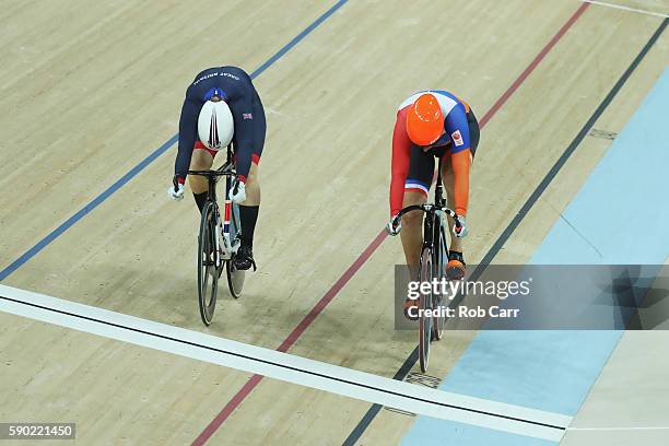 Katy Marchant of Great Britain wins bronze during the Women's Sprint Finals bronze medal race against Elis Ligtlee of the Netherlands on Day 11 of...