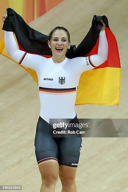 Kristina Vogel of Germany celebrates after winning gold during the Women's Sprint Finals gold medal race against Rebecca James of Great Britain on...