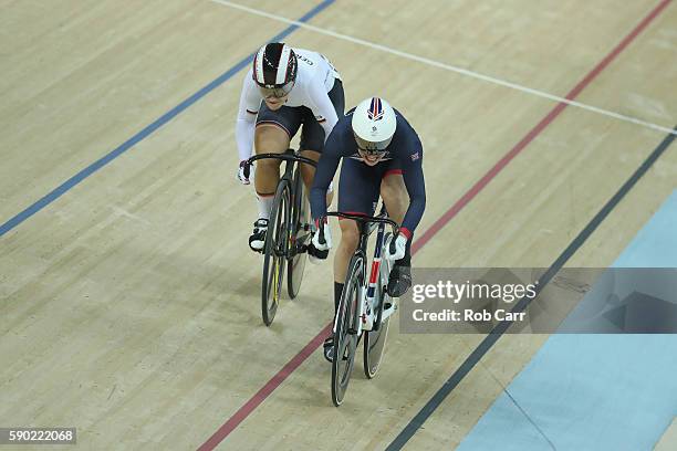 Kristina Vogel of Germany competes against Rebecca James of Great Britain during the Women's Sprint Finals gold medal race on Day 11 of the Rio 2016...