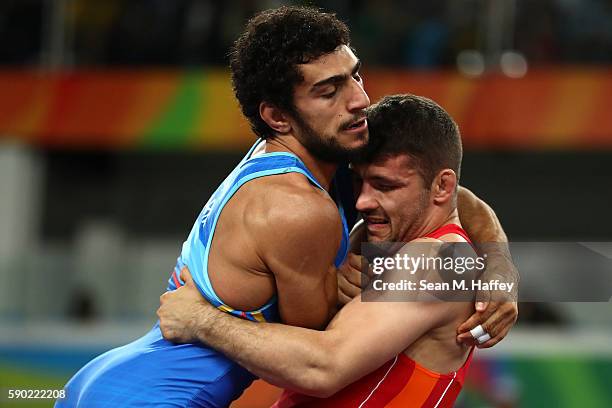 Davor Stefanek of Serbia competes against Migran Arutyunyan of Armenia in the Men's Greco-Roman 66 kg Gold Medal bout on Day 11 of the Rio 2016...