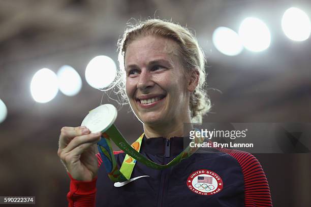 Silver medalist Sarah Hammer of the United States celebrates during the medal ceremony after the women's Omnium Points race on Day 11 of the Rio 2016...