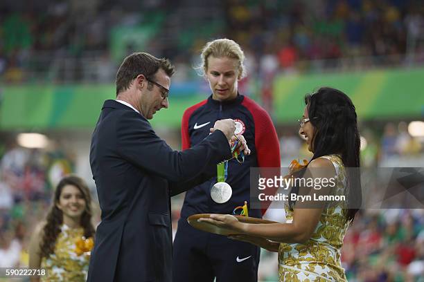 Silver medalist Sarah Hammer of the United States is presented her medal after the women's Omnium Points race on Day 11 of the Rio 2016 Olympic Games...