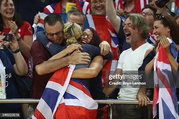 Laura Trott of Great Britain celebrates with the crowd after winning gold in the women's Omnium Points race on Day 11 of the Rio 2016 Olympic Games...