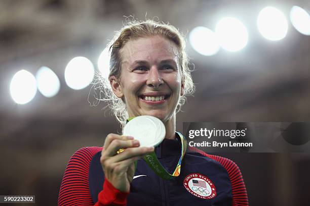 Silver medalist Sarah Hammer of the United States celebrates during the medal ceremony after the women's Omnium Points race on Day 11 of the Rio 2016...