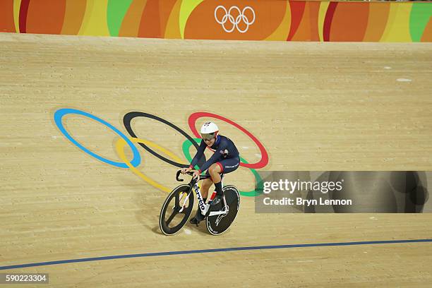 Laura Trott of Great Britain celebrates winning gold in the women's Omnium Points race on Day 11 of the Rio 2016 Olympic Games at the Rio Olympic...