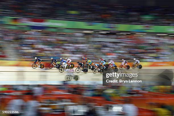 Cyclists compete during the Women's Omnium Points race on Day 11 of the Rio 2016 Olympic Games at the Rio Olympic Velodrome on August 16, 2016 in Rio...