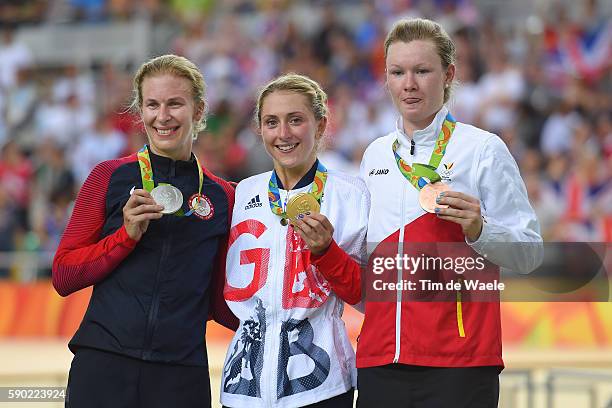 31st Rio 2016 Olympics / Track Cycling: Women's Omnium Points Race 6\6 Podium / Sarah HAMMER Silver Medal / Laura TROTT Gold Medal / Jolien D'HOORE...