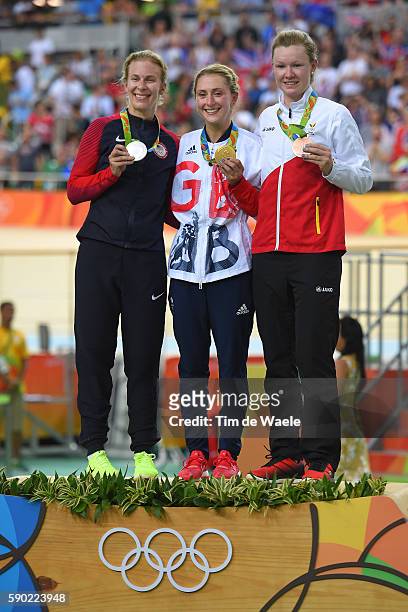 31st Rio 2016 Olympics / Track Cycling: Women's Omnium Points Race 6\6 Podium / Sarah HAMMER Silver Medal / Laura TROTT Gold Medal / Jolien D'HOORE...