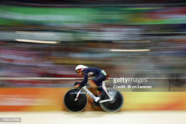 Laura Trott of Great Britain competes during the Women's Omnium Points race on Day 11 of the Rio 2016 Olympic Games at the Rio Olympic Velodrome on...