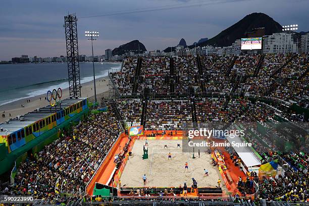 General view of the action between Alexander Brouwer and Robert Meeuwsen of Netherlands and Alison Cerutti and Bruno Oscar Schmidt of Brazil during...