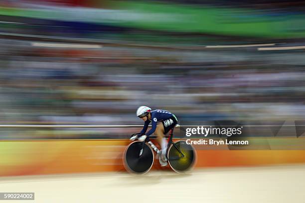 Sarah Hammer of the United States competes during the Women's Omnium Points race on Day 11 of the Rio 2016 Olympic Games at the Rio Olympic Velodrome...