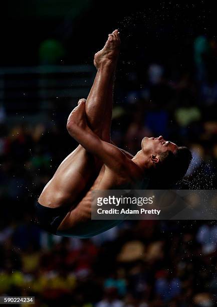 Sebastian Morales Mendoza of Colombia competes in the Men's Diving 3m Springboard semi final at the Maria Lenk Aquatics Centre on August 16, 2016 in...