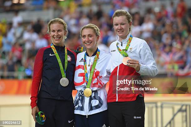 31st Rio 2016 Olympics / Track Cycling: Women's Omnium Points Race 6\6 Podium / Sarah HAMMER Silver Medal / Laura TROTT Gold Medal / Jolien D'HOORE...