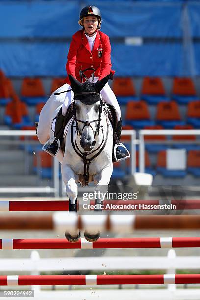 Meredith Michaels-Beerbaum of Germany rides Fibonacci during the Team Jumping on Day 11 of the Rio 2016 Olympic Games at the Olympic Equestrian...