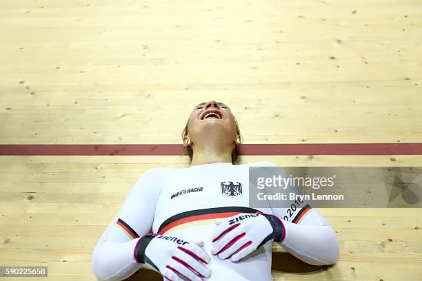 Kristina Vogel of Germany celebrates after winning gold during the Women's Sprint Finals gold medal race against Rebecca James of Great Britain on...