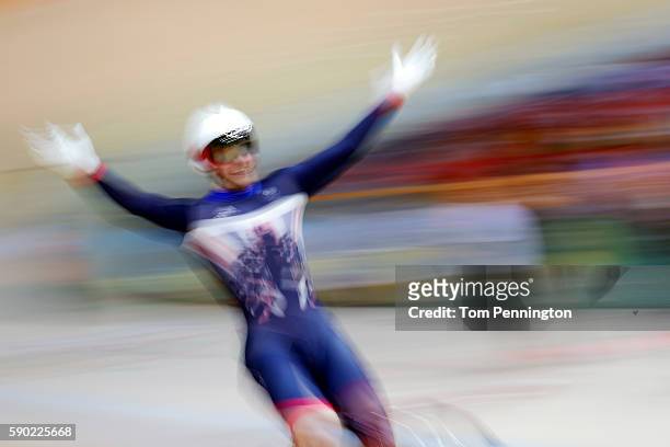 Jason Kenny of Great Britain celebrates winning gold in the Men's Keirin Finals race on Day 11 of the Rio 2016 Olympic Games at the Rio Olympic...