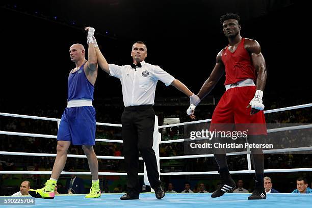 Ivan Dychko of Kazakhstan celebrates after defeating Efe Ajagba of Nigeria in the Men's Super Heavy Quarterfinal 4 on Day 11 of the Rio 2016 Olympic...