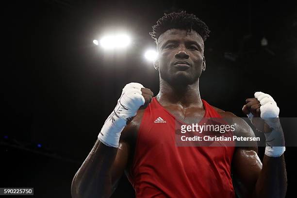 Efe Ajagba of Nigeria poses for a photo after being defeated by Ivan Dychko of Kazakhstan in the Men's Super Heavy Quarterfinal 4 on Day 11 of the...