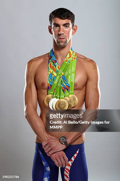 Swimmer Michael Phelps of the United States poses for a portrait on August 16, 2016 in Rio de Janeiro, Brazil. Phelps, the most decorated Olympian in...