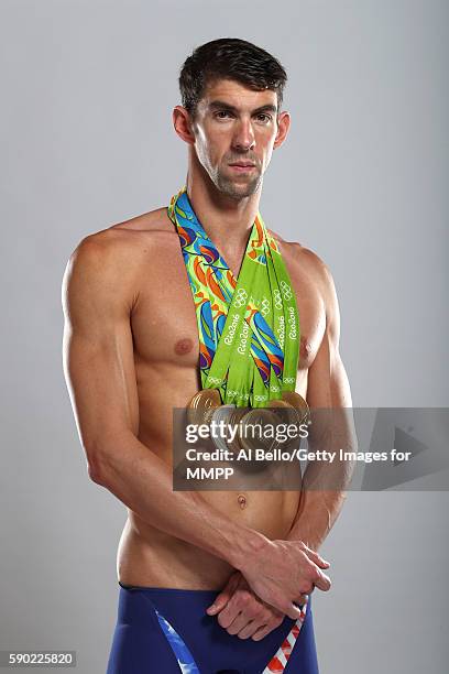 Swimmer Michael Phelps of the United States poses for a portrait on August 16, 2016 in Rio de Janeiro, Brazil. Phelps, the most decorated Olympian in...