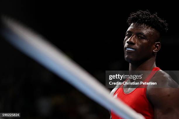 Efe Ajagba of Nigeria looks on during the Men's Super Heavy Quarterfinal 4 on Day 11 of the Rio 2016 Olympic Games at Riocentro - Pavilion 6 on...