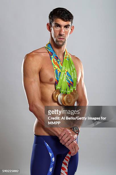 Swimmer Michael Phelps of the United States poses for a portrait on August 16, 2016 in Rio de Janeiro, Brazil. Phelps, the most decorated Olympian in...