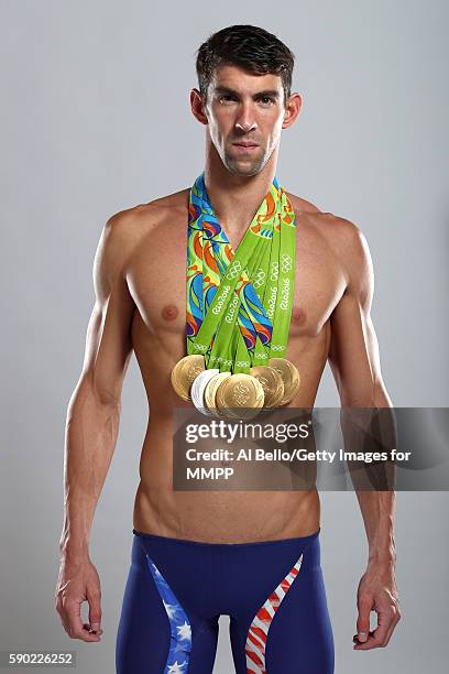 Swimmer Michael Phelps of the United States poses for a portrait on August 16, 2016 in Rio de Janeiro, Brazil. Phelps, the most decorated Olympian in...