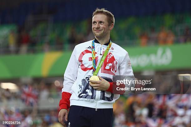 Gold medalist Jason Kenny of Great Britain celebrates during the medal ceremony after the Men's Keirin Finals race on Day 11 of the Rio 2016 Olympic...