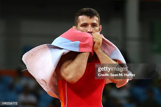 Davor Stefanek of Serbia celebrates after defeating Migran Arutyunyan of Armenia in the Men's Greco-Roman 66 kg Gold Medal bout on Day 11 of the Rio...