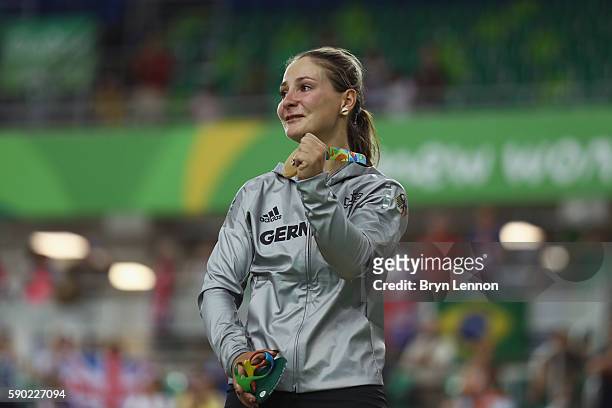 Gold medalist Kristina Vogel of Germany reacts during the medal ceremony after the Women's Sprint Finals race on Day 11 of the Rio 2016 Olympic Games...