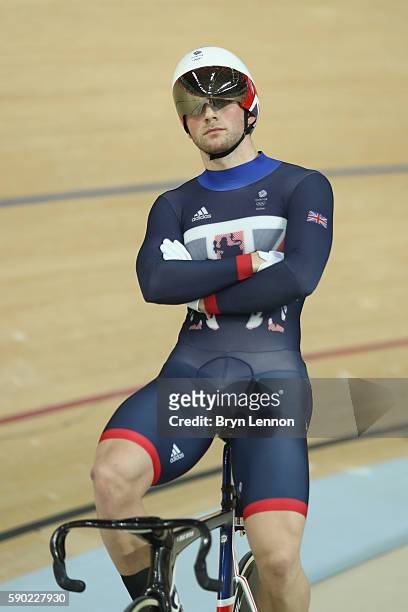 Jason Kenny of Great Britain waits for a ruling in the Men's Keirin Finals race on Day 11 of the Rio 2016 Olympic Games at the Rio Olympic Velodrome...