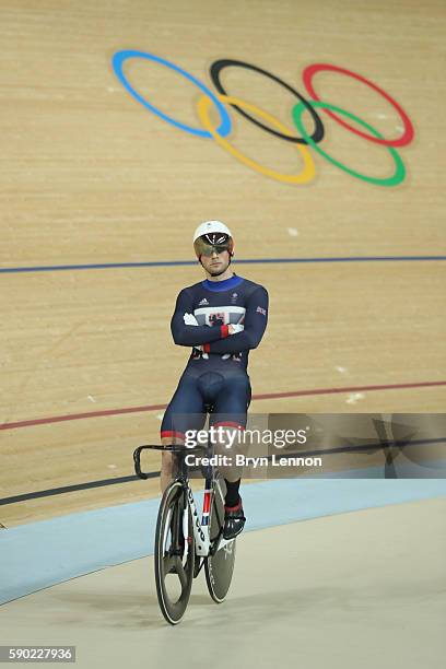 Jason Kenny of Great Britain waits for a ruling in the Men's Keirin Finals race on Day 11 of the Rio 2016 Olympic Games at the Rio Olympic Velodrome...